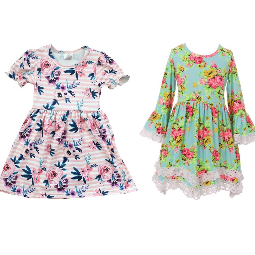 2 PCS Dresses Bundle Little Girl Toddler Long Sleeve Floral Flower Girl Dress